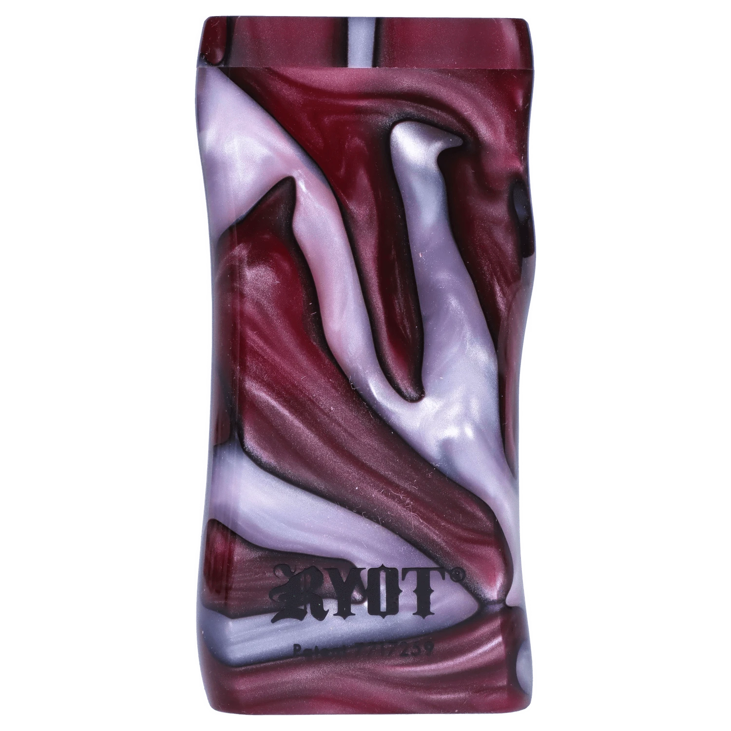 Top-down close-up of the marbled purple and silver surface of the RYOT Large 3 in. Acrylic Magnetic Dugout in Purple with Matching Bat, showing the swirled pattern and embossed logo.