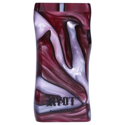 Top-down close-up of the marbled purple and silver surface of the RYOT Large 3 in. Acrylic Magnetic Dugout in Purple with Matching Bat, showing the swirled pattern and embossed logo.