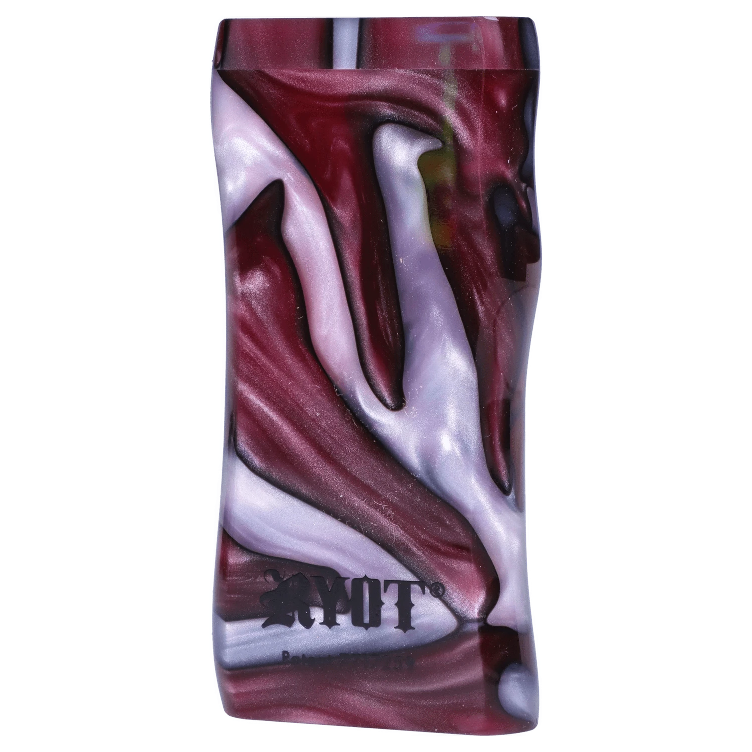 Close-up front view of the RYOT Large 3 in. Acrylic Magnetic Dugout in Purple with Matching Bat showing marbled swirls of deep purple and pearlescent lavender and the RYOT logo.