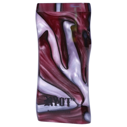 Close-up front view of the RYOT Large 3 in. Acrylic Magnetic Dugout in Purple with Matching Bat showing marbled swirls of deep purple and pearlescent lavender and the RYOT logo.