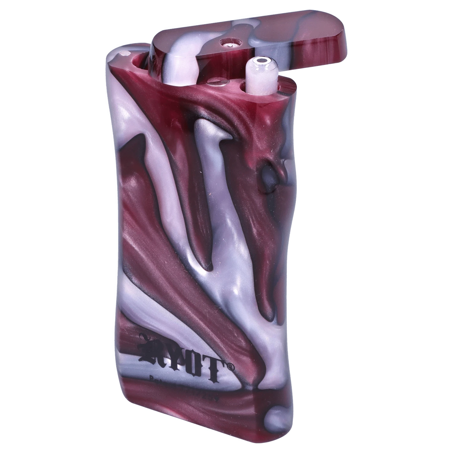 Angled close-up of the RYOT Large 3 in. Acrylic Magnetic Dugout in Purple with Matching Bat showing marbled purple and white swirls, open lid, and visible bat end.