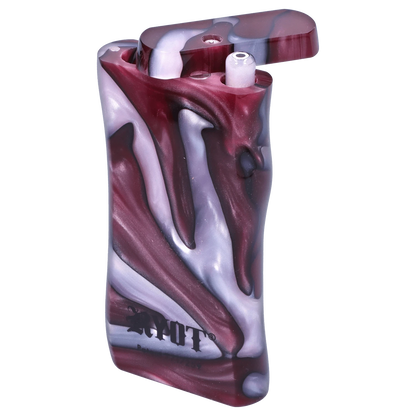 Angled close-up of the RYOT Large 3 in. Acrylic Magnetic Dugout in Purple with Matching Bat showing marbled purple and white swirls, open lid, and visible bat end.