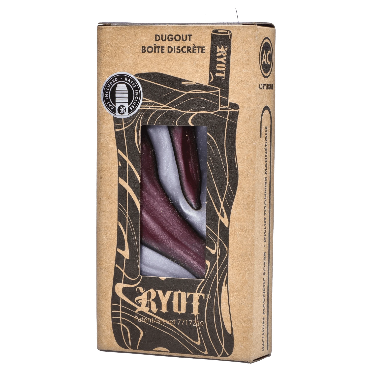 Boxed front view showing the purple swirl interior through a window of the RYOT Large 3 in. Acrylic Magnetic Dugout in Purple with Matching Bat.