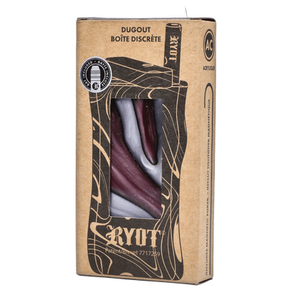 Boxed front view showing the purple swirl interior through a window of the RYOT Large 3 in. Acrylic Magnetic Dugout in Purple with Matching Bat.