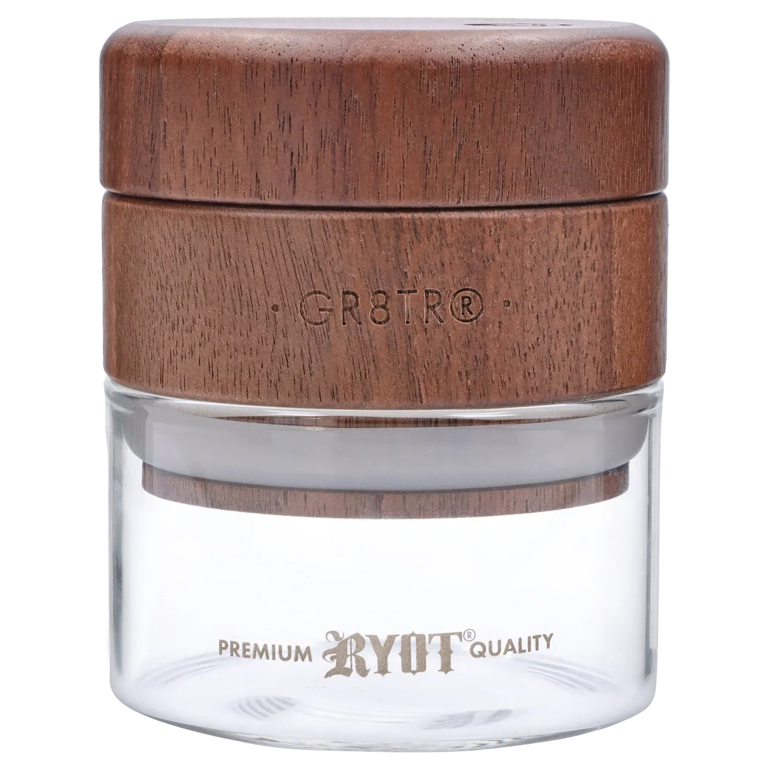 Close-up front view of the RYOT - GR8TR Walnut Wood Top Grinder w/ Clear Glass Jar Body - 3 inch showing the textured walnut top engraved “GR8TR” above the clear glass jar.