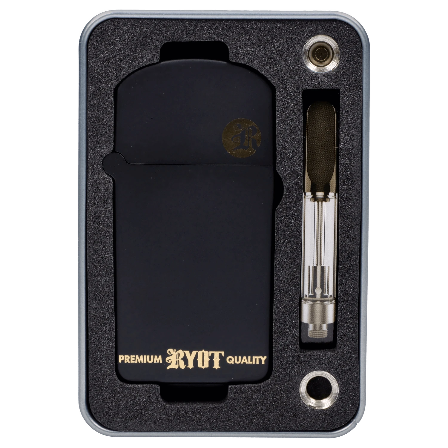 Front view of the RYOT - Verb 510 Battery in black and gold, centered within a dark, recessed space.