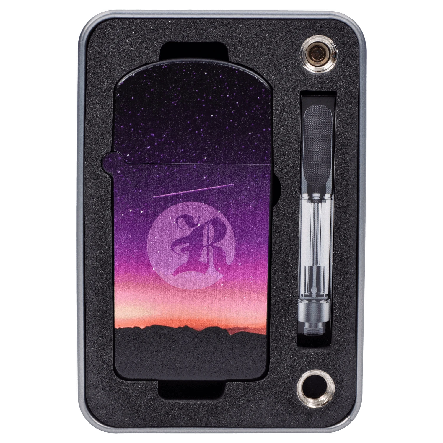 Front view of the RYOT - Verb 510 Battery - Night Sky displayed in its case, with a dark, starry background visible through the clear plastic.