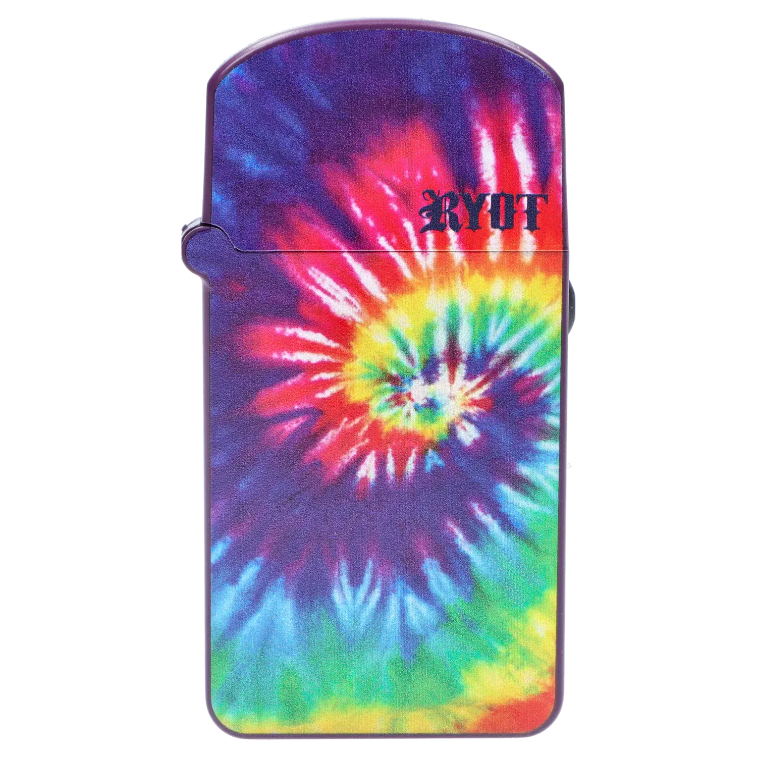 Close-up front view of the RYOT - Verb 510 Battery - Tye Dye showing a vibrant spiral tie-dye pattern and black RYOT logo.