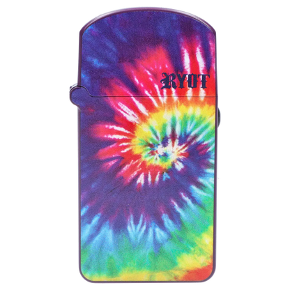 Close-up front view of the RYOT - Verb 510 Battery - Tye Dye showing a vibrant spiral tie-dye pattern and black RYOT logo.