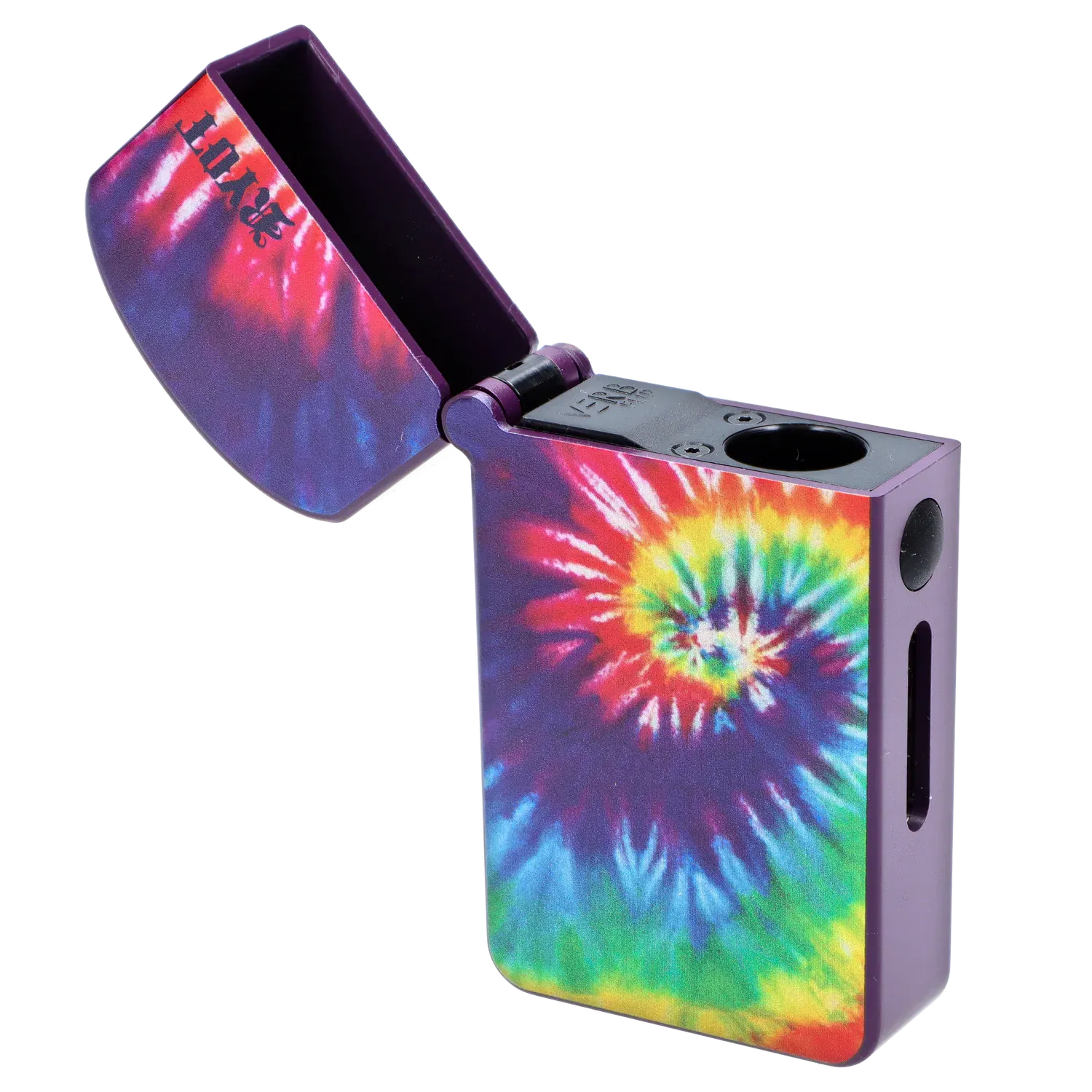 Angled close-up of the RYOT - Verb 510 Battery - Tye Dye with its lid open, showing a bright spiral tie-dye pattern and purple casing