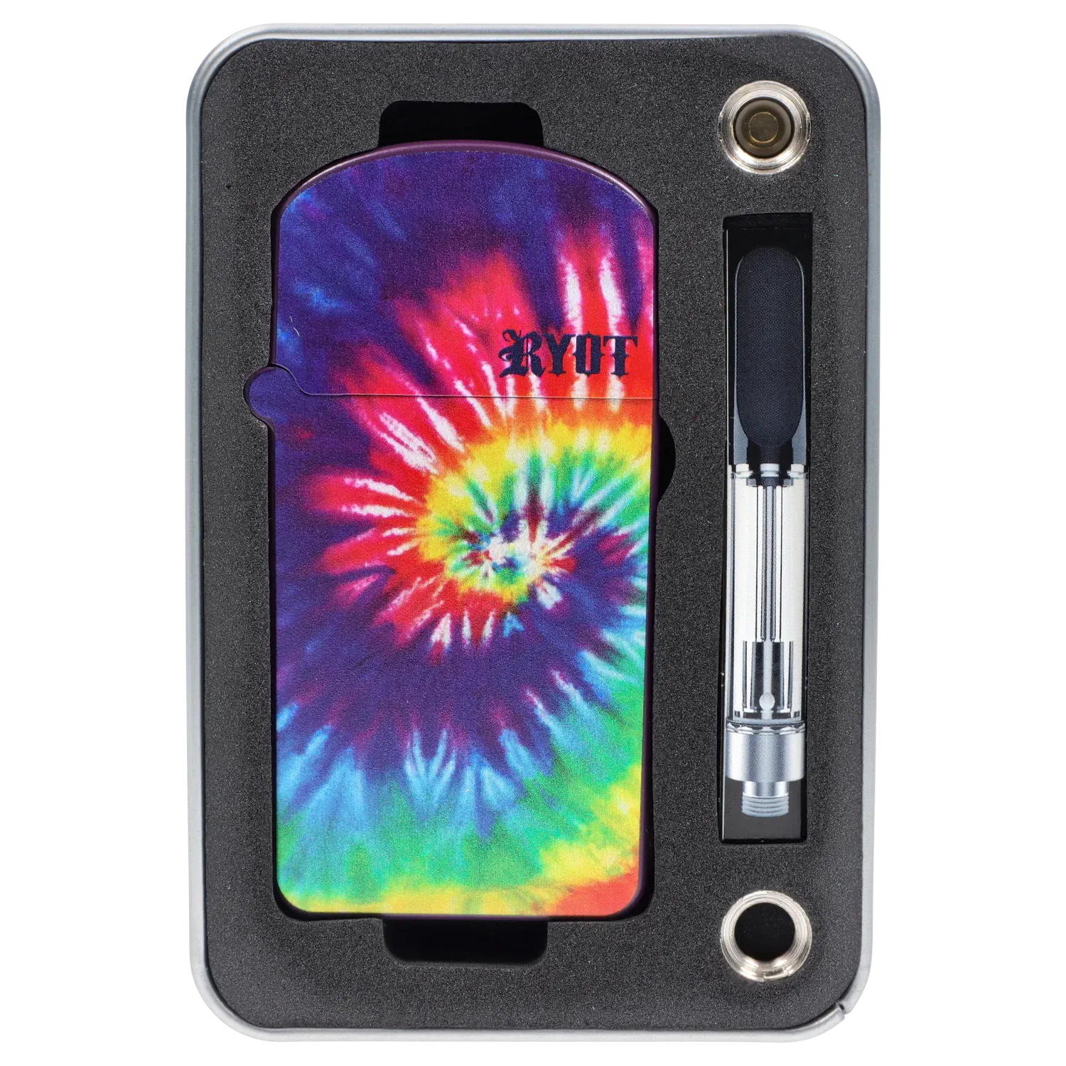 Top-down close-up of the RYOT - Verb 510 Battery - Tye Dye showing its colorful spiral tie-dye faceplate and adjacent silver cartridge in fitted foam.