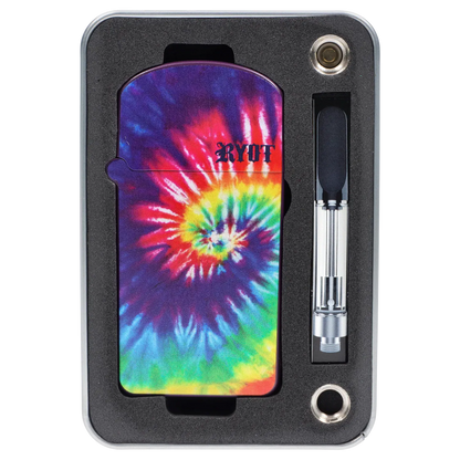 Top-down close-up of the RYOT - Verb 510 Battery - Tye Dye showing its colorful spiral tie-dye faceplate and adjacent silver cartridge in fitted foam.