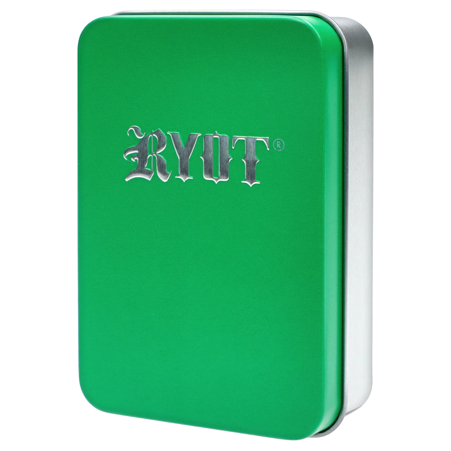 Close-up front view of the green RYOT - Verb 510 Battery - Tye Dye case showing its rounded corner and silver embossed RYOT logo.