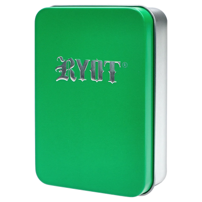 Close-up front view of the green RYOT - Verb 510 Battery - Tye Dye case showing its rounded corner and silver embossed RYOT logo.