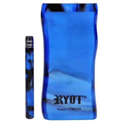 A front view of the RYOT Large 3 in. Acrylic Magnetic Dugout in Blue, showing its sleek, rectangular form and translucent material.
