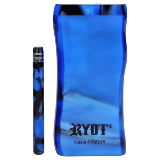 A front view of the RYOT Large 3 in. Acrylic Magnetic Dugout in Blue, showing its sleek, rectangular form and translucent material.
