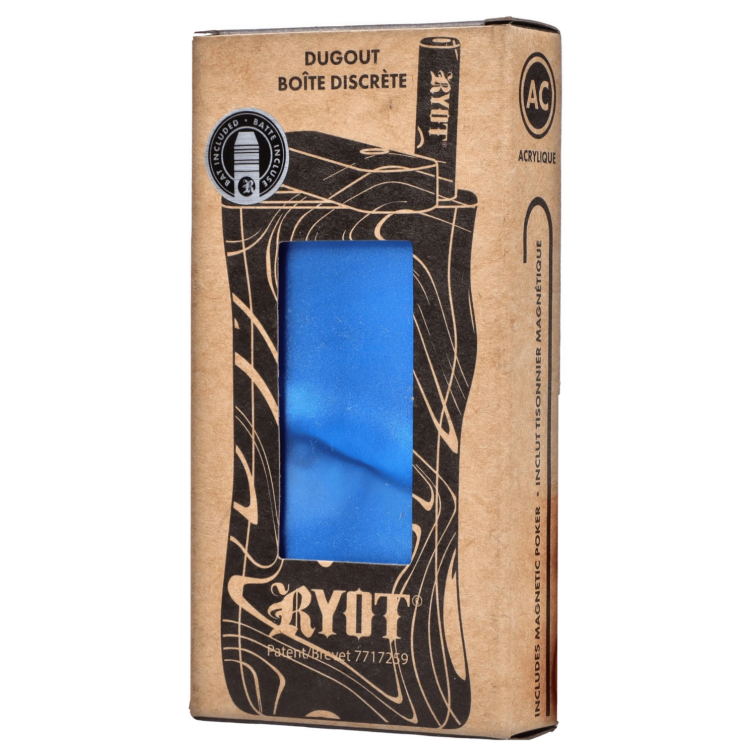 Front view of the RYOT Large 3 in. Acrylic Magnetic Dugout in blue, showing its rectangular shape and sleek, modern design.