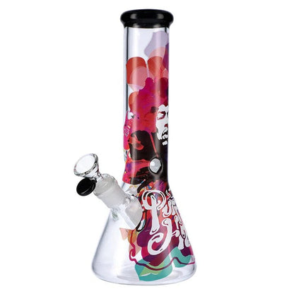 Front view of the 12-inch Rock Legends Jimmy-Purple Haze Water Pipe in clear glass, showcasing its beaker shape and vibrant purple haze design.
