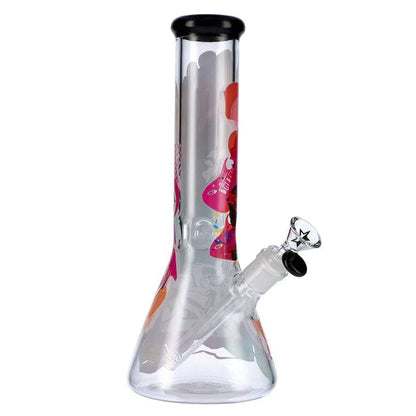 Front view of the 12-inch Rock Legends Jimmy-Purple Haze Water Pipe in clear glass, angled slightly to showcase its sleek form.