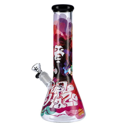 Front view of the 12-inch Rock Legends Jimmy-Purple Haze Water Pipe in clear glass, featuring a purple haze design.