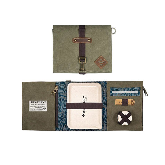 Front view of the Revelry The Rolling Kit Smell Proof Kit in sage, displaying a closed, zippered pouch with branding details.