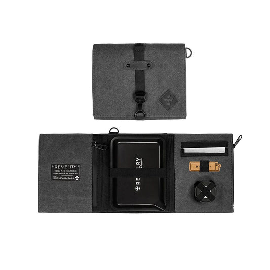 Front view of the Revelry The Rolling Kit Smell Proof Kit, a closed, black zippered case with a small branded logo.