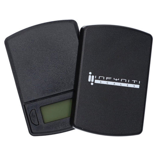 Angled top-down view of the black Infyniti Pocket Scale Minii - Black - 100/0.01g with its textured snap-on cover partially removed to reveal a small LCD and buttons.