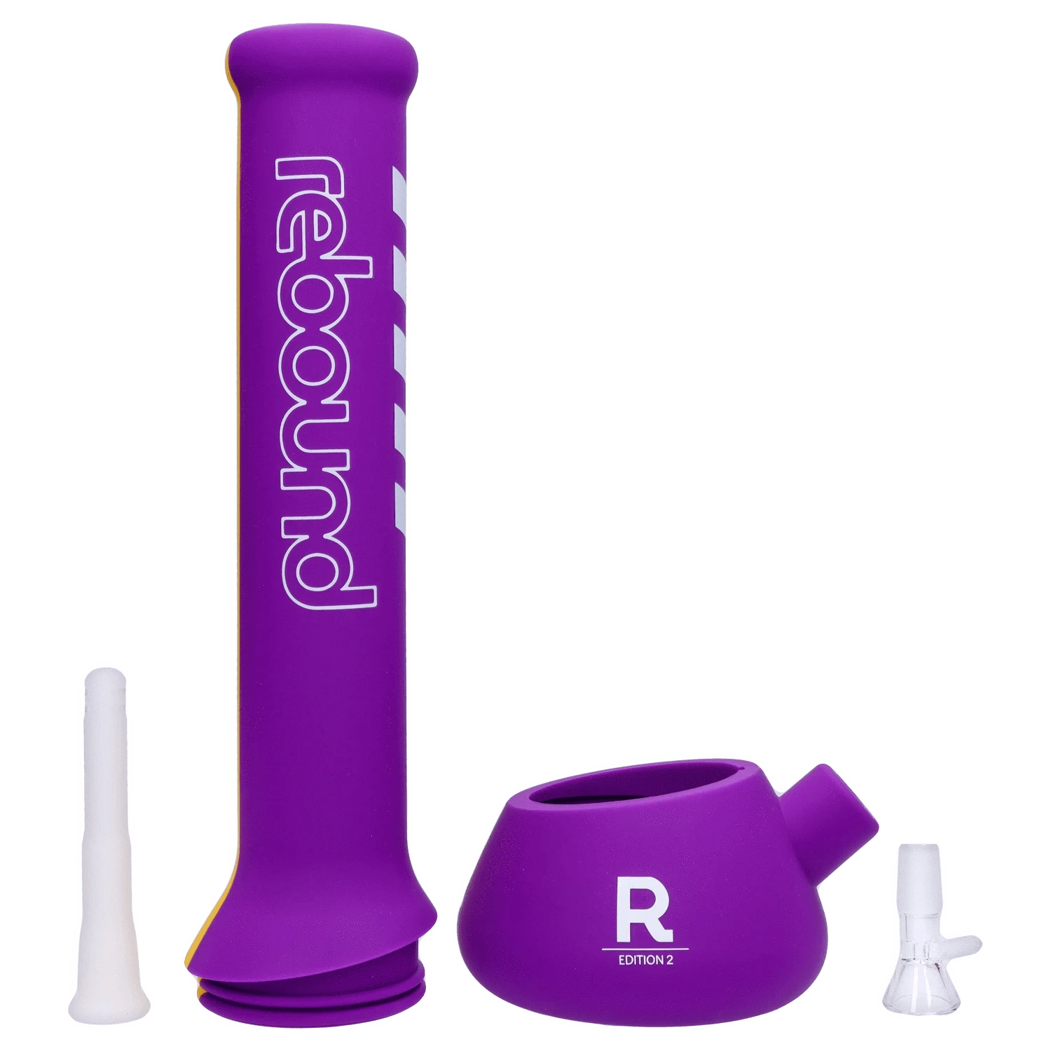 Front view of the Rebound Edition 2 beaker, featuring a purple glass body and a yellow mouthpiece.