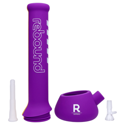 Front view of the Rebound Edition 2 beaker, featuring a purple glass body and a yellow mouthpiece.