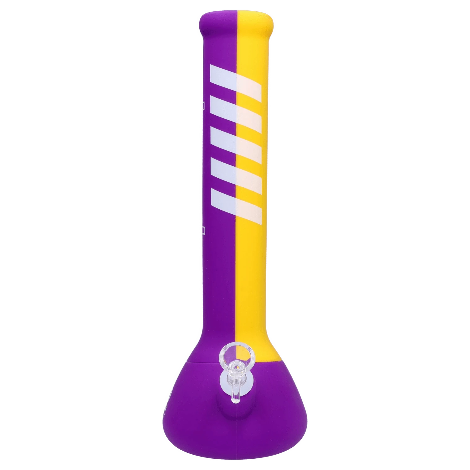 A front view of the Rebound Edition 2 beaker, showcasing its purple glass with a yellow accent stripe.
