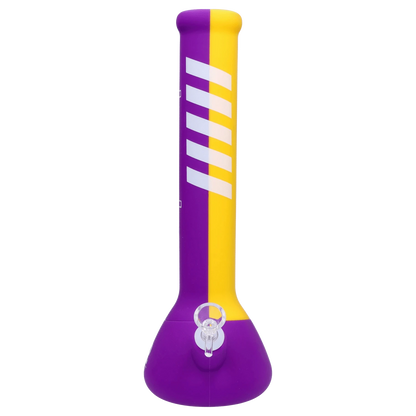 A front view of the Rebound Edition 2 beaker, showcasing its purple glass with a yellow accent stripe.
