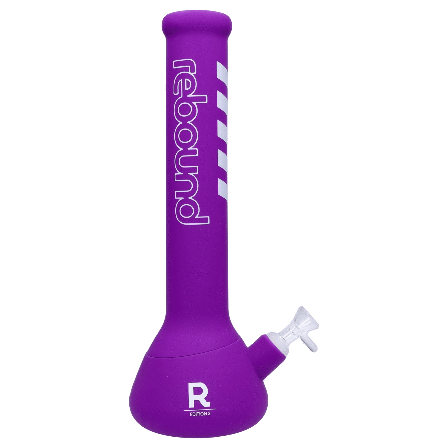 Front view of the Rebound Edition 2 beaker, featuring a purple glass body with yellow accents and a classic beaker shape.