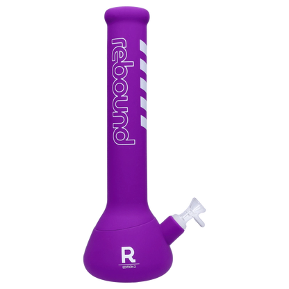 Front view of the Rebound Edition 2 beaker, featuring a purple glass body with yellow accents and a classic beaker shape.