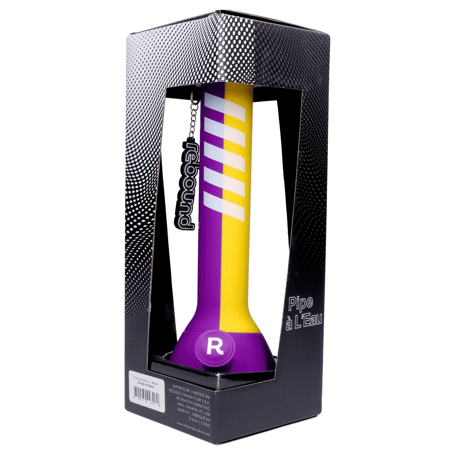 Front view of the Rebound Edition 2 beaker, featuring a purple base blending into yellow stripes against a black background.