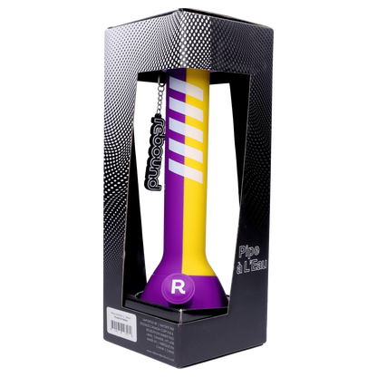 Front view of the Rebound Edition 2 beaker, featuring a purple base blending into yellow stripes against a black background.