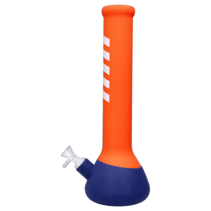 Front view of the Rebound Edition 2 beaker, featuring a blue base and orange top, with a simple cylindrical shape.
