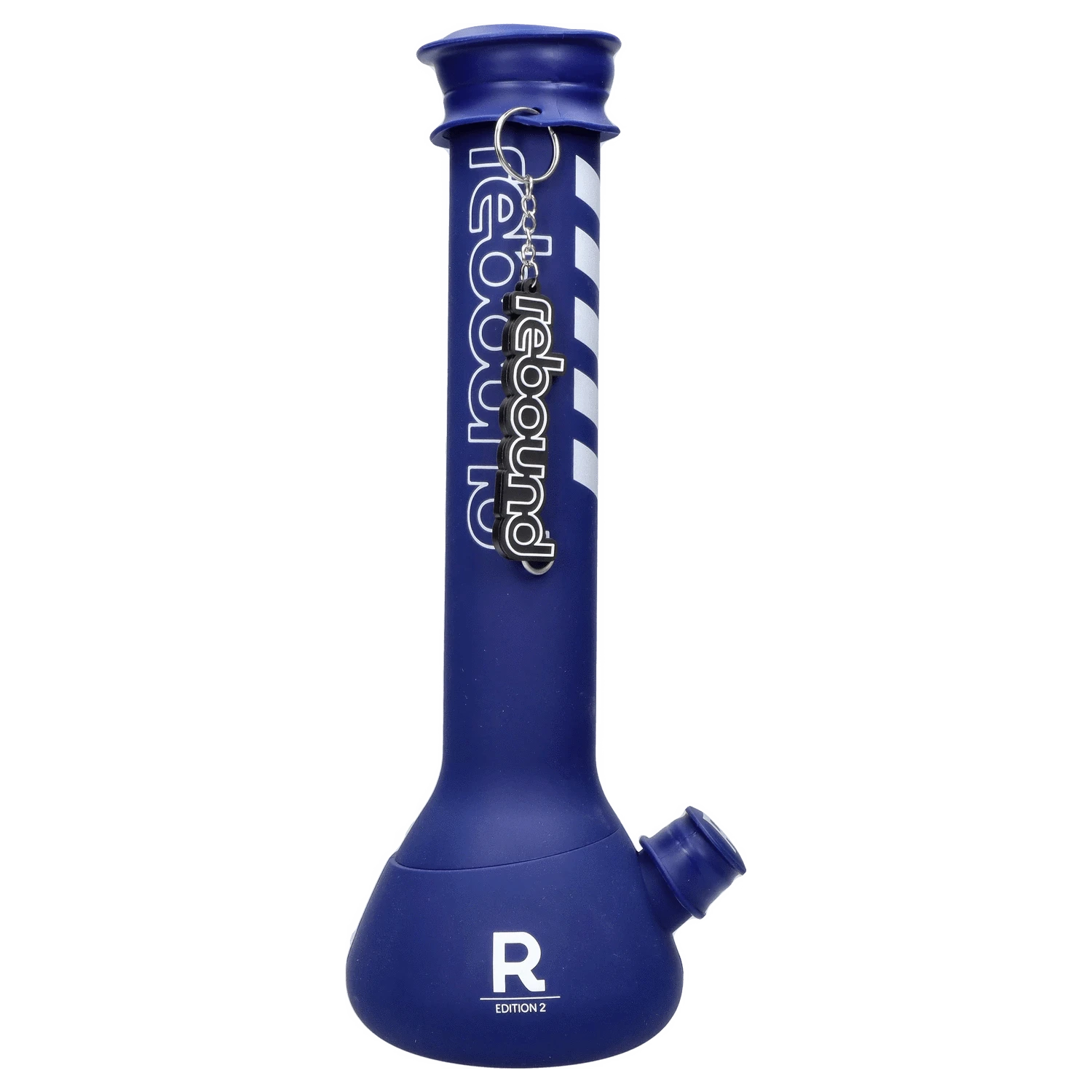 Front view of the Rebound Edition 2 beaker in blue and orange, with a smooth, cylindrical shape and a wide base.