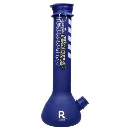 Front view of the Rebound Edition 2 beaker in blue and orange, with a smooth, cylindrical shape and a wide base.