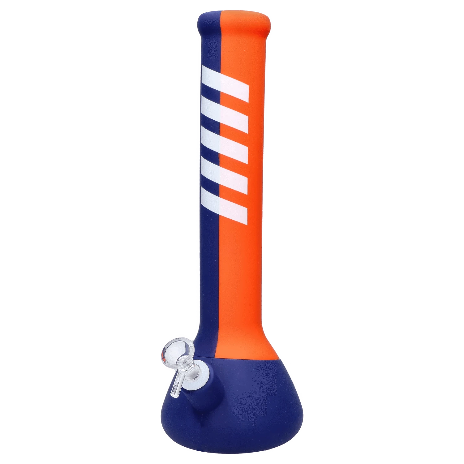 Front view of the Rebound Edition 2 beaker, with a blue base and orange accents extending up the glass body.