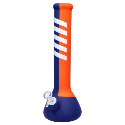Front view of the Rebound Edition 2 beaker, with a blue base and orange accents extending up the glass body.