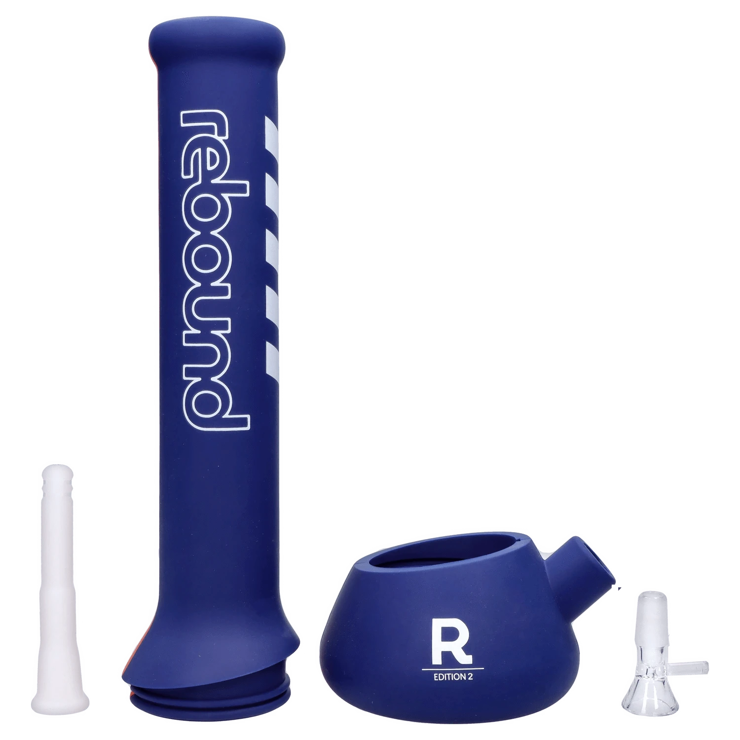 Front view of the Rebound Edition 2 beaker in blue glass, showing the clean, simple design and joint detail.