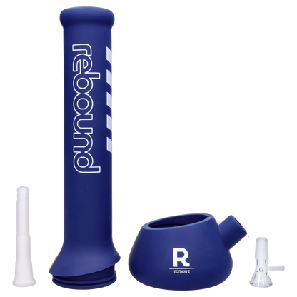 Front view of the Rebound Edition 2 beaker in blue glass, showing the clean, simple design and joint detail.