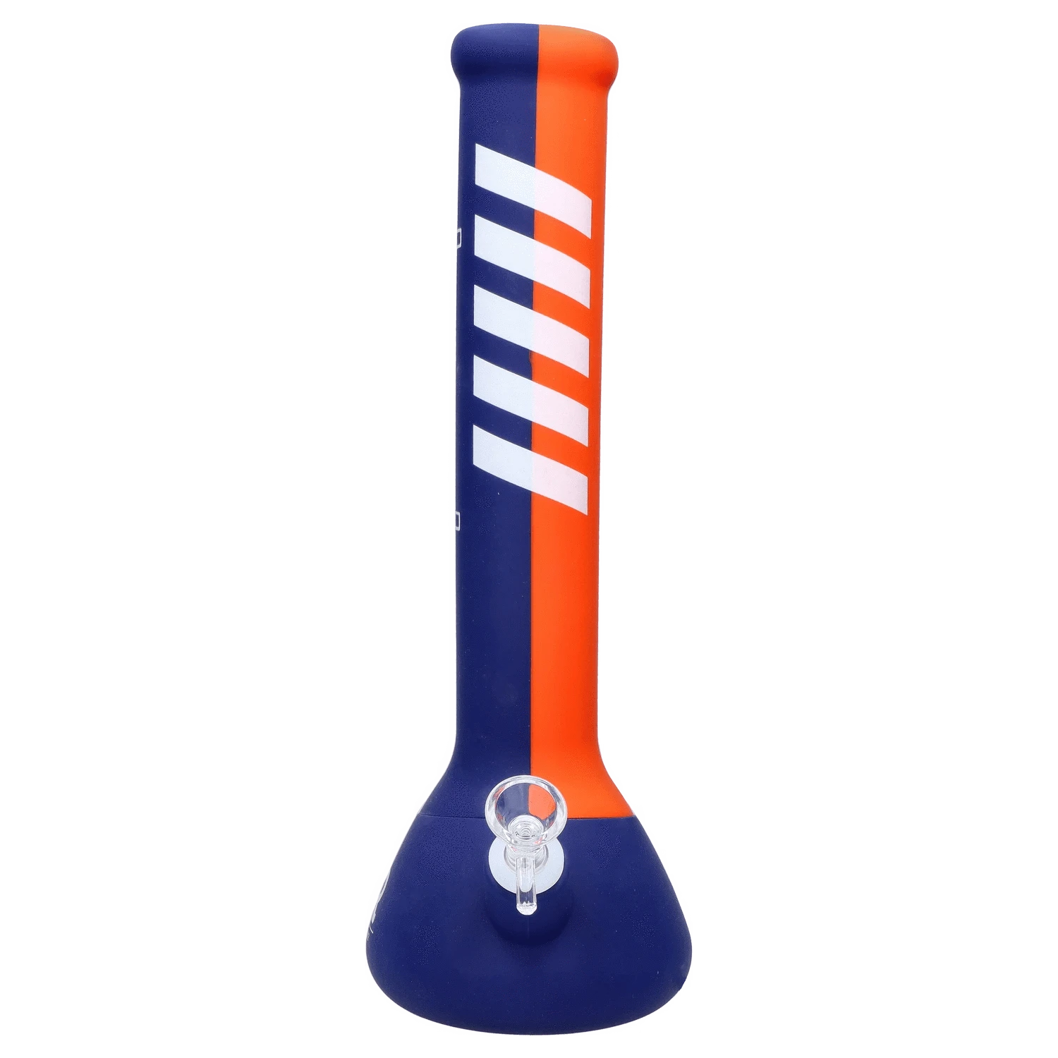 Front view of the Rebound Edition 2 beaker in blue and orange, showcasing its tall, classic shape and clean design.