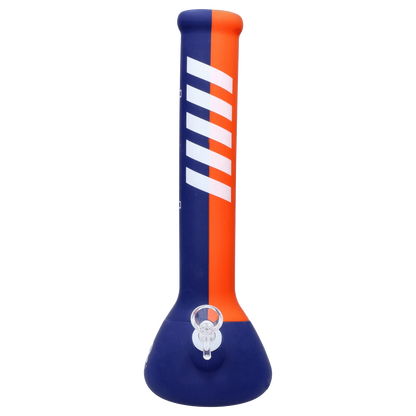 Front view of the Rebound Edition 2 beaker in blue and orange, showcasing its tall, classic shape and clean design.