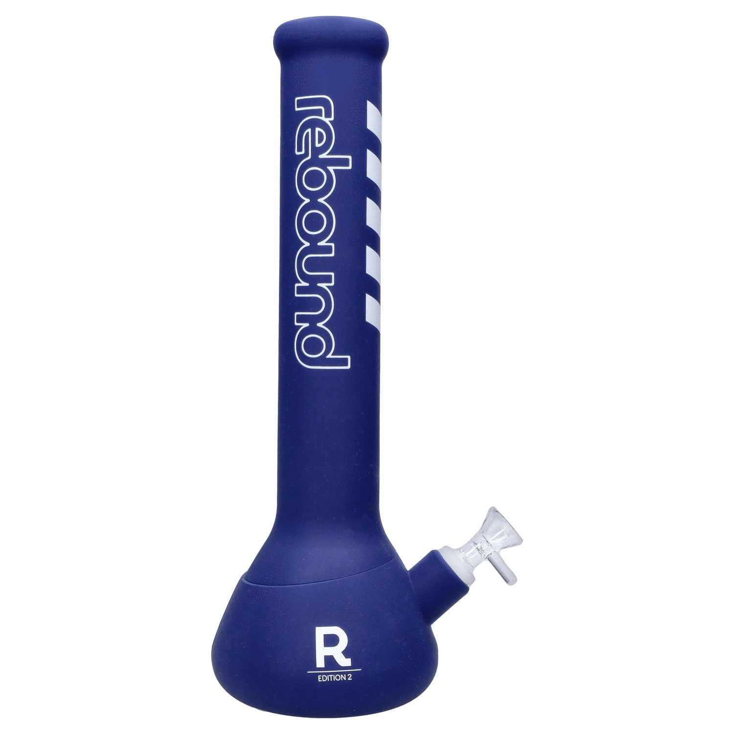 Front view of the Rebound Edition 2 beaker, displaying blue glass with orange accents and a classic shape.