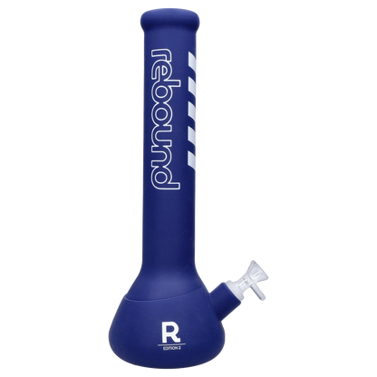 Front view of the Rebound Edition 2 beaker, displaying blue glass with orange accents and a classic shape.