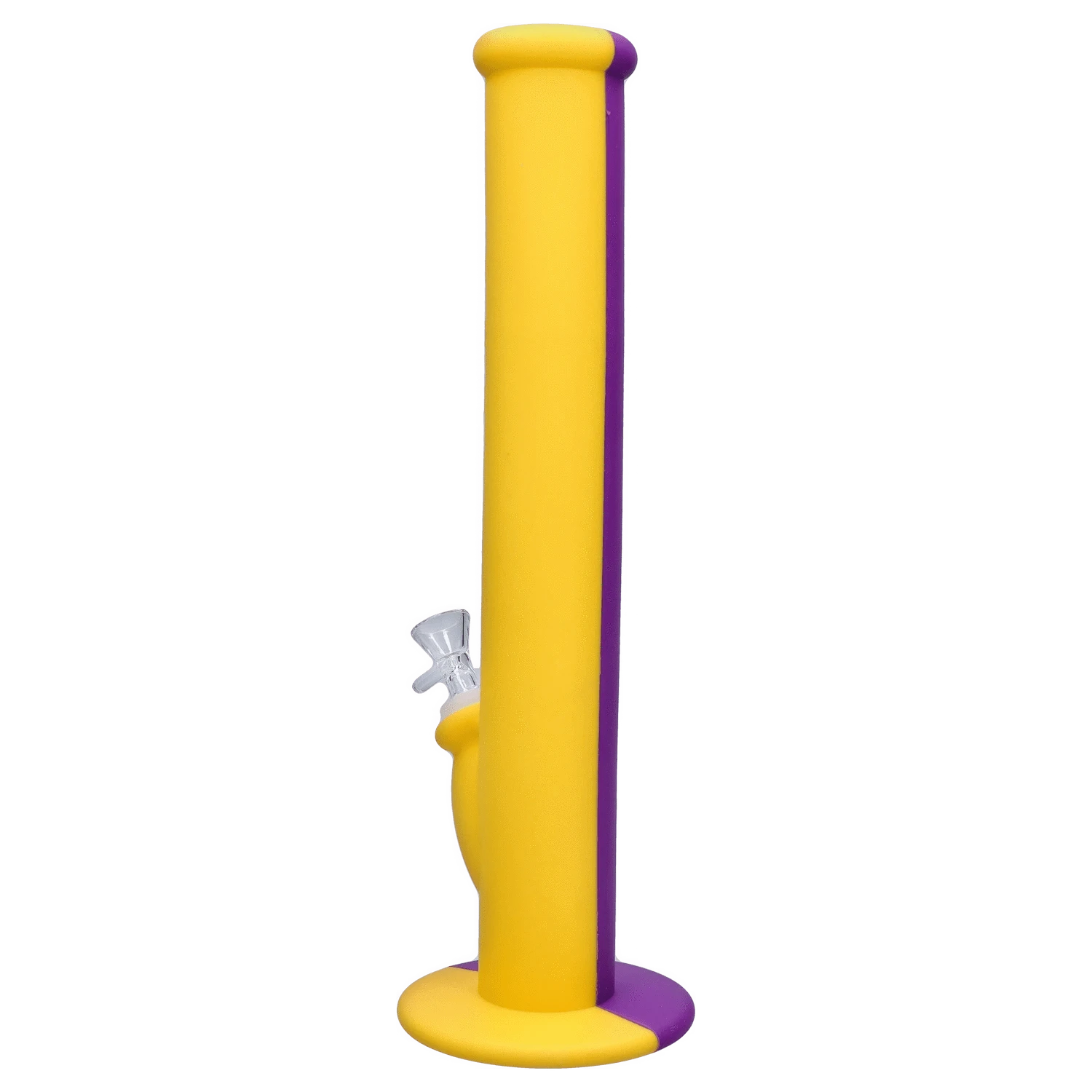 A straight-on view of the Rebound Edition 2, showing a purple and yellow glass tube with a rounded base.