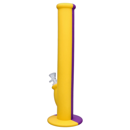 A straight-on view of the Rebound Edition 2, showing a purple and yellow glass tube with a rounded base.
