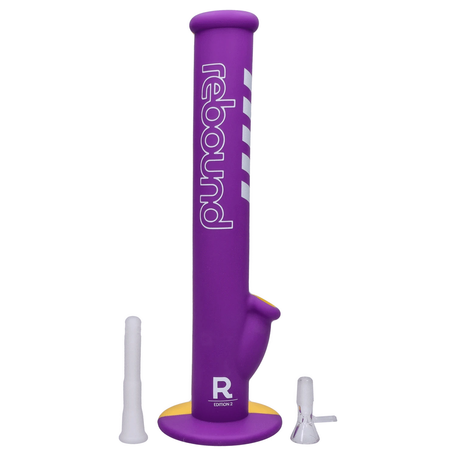Front view of the Rebound Edition 2 – Straight, featuring a purple glass tube with a yellow circular base.