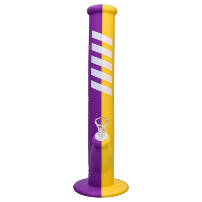 Front view of the Rebound Edition 2 - Straight - Purple & Yellow bong with a two-toned purple and yellow glass tube design.
